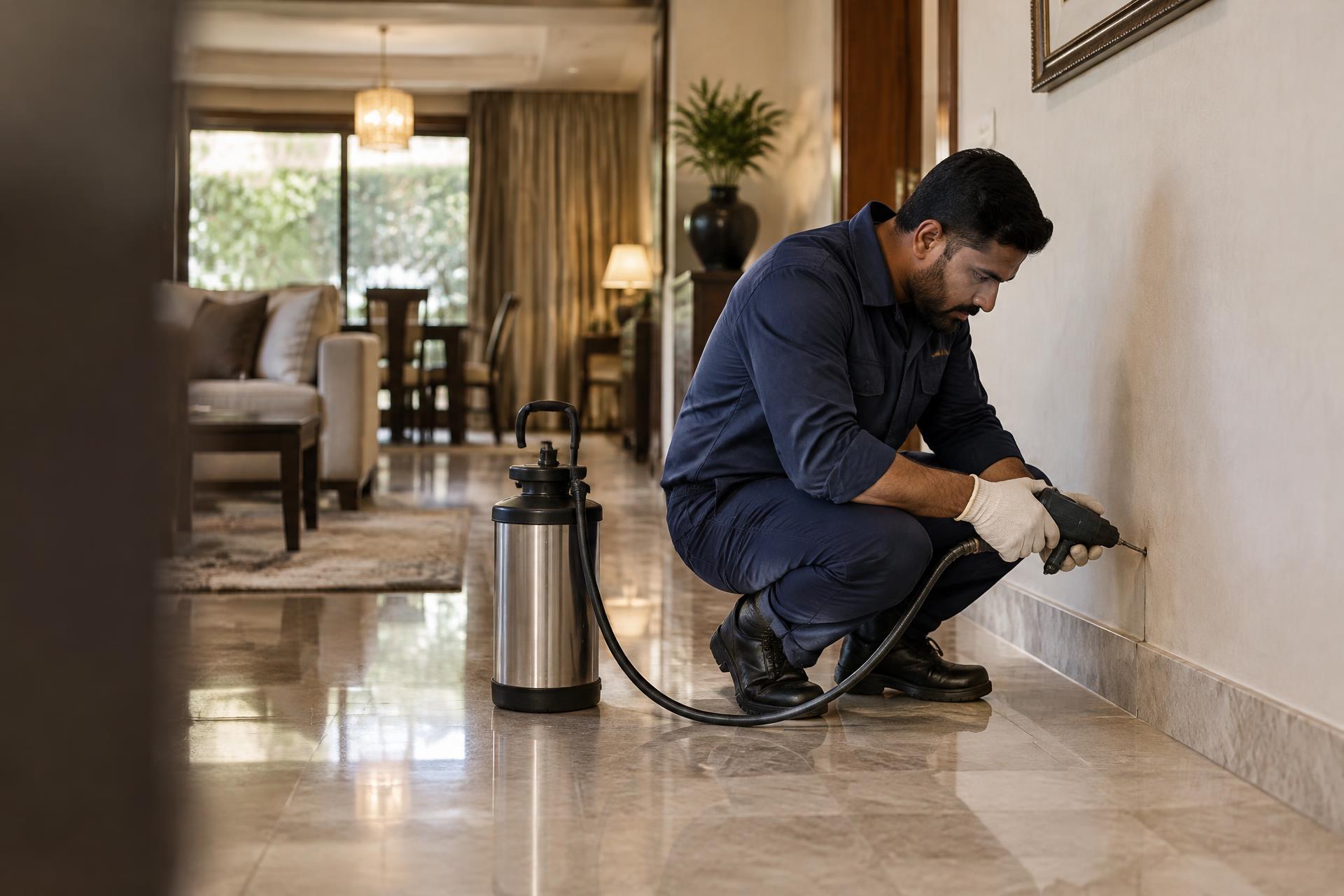 Technician performing termite drilling treatment inside a completed home