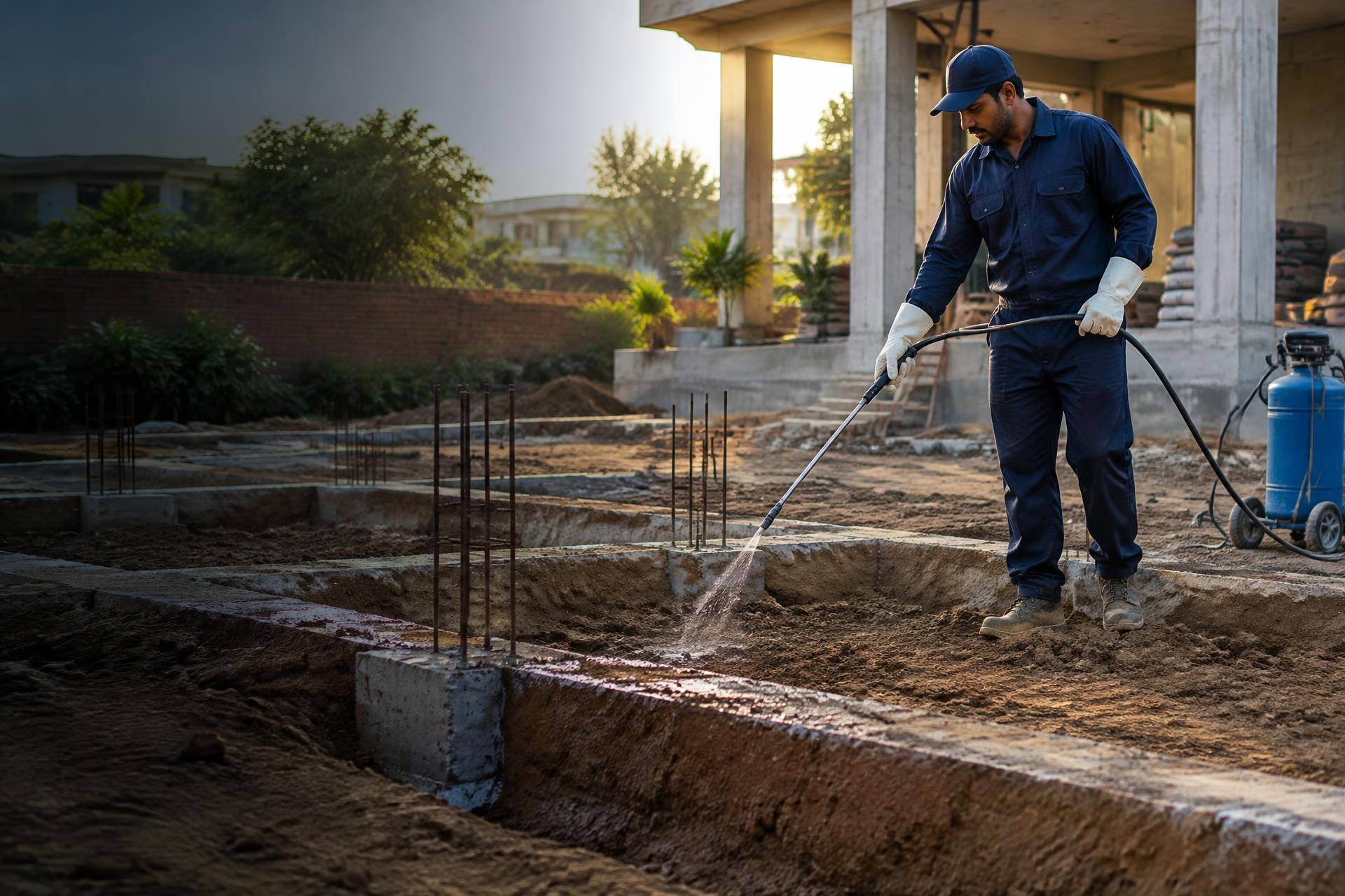 Technician applying anti-termite soil treatment around a building foundation
