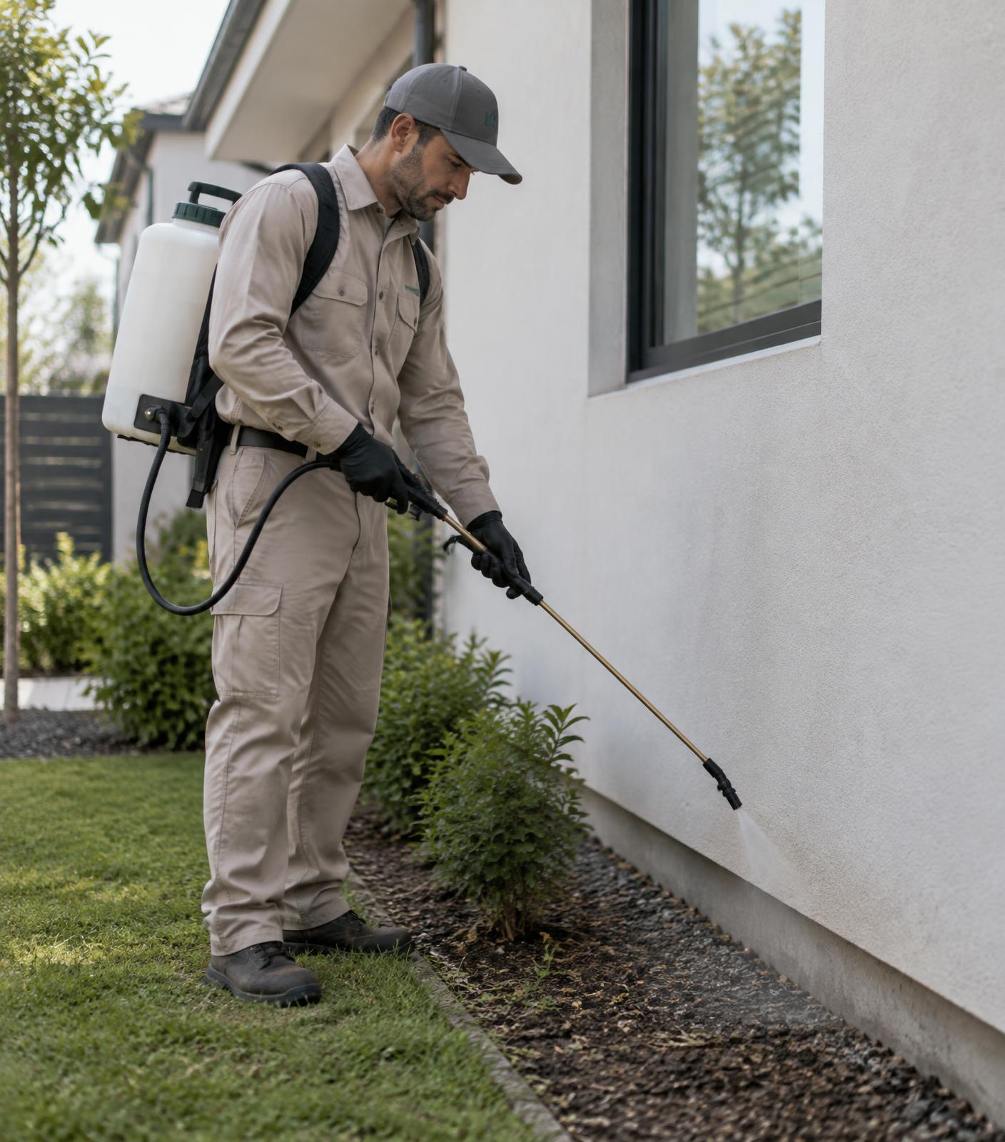 Pest control technician treating the perimeter of a residential property