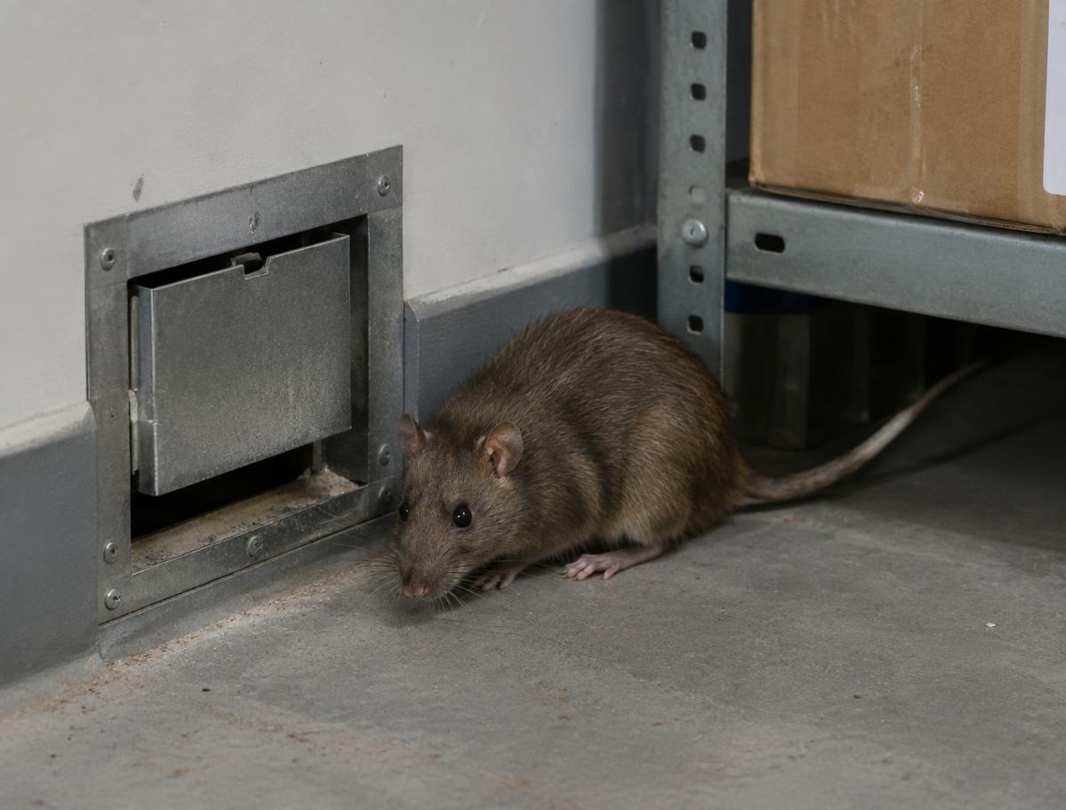 Rat near a wall access point in a storage room — rat control Lahore